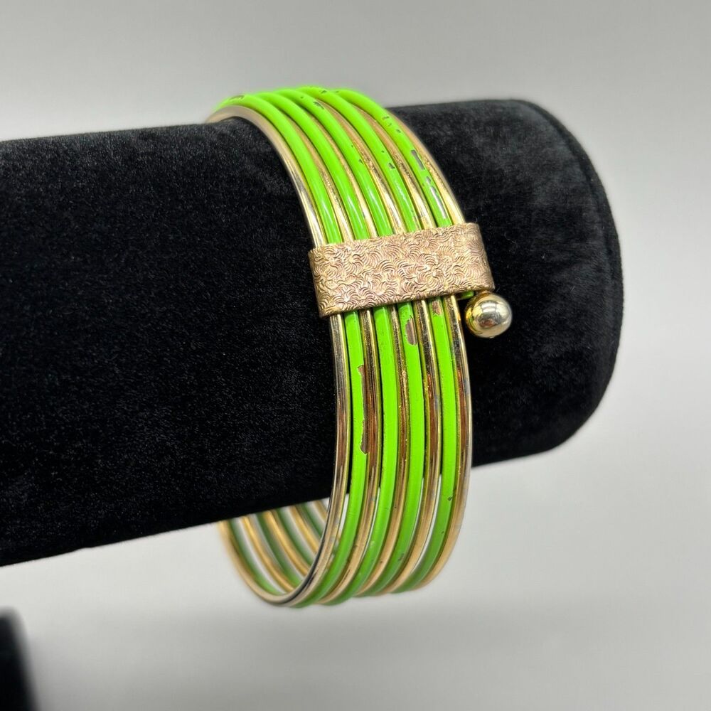 Vintage Mid Century Modern Bangle Bracelet Neon Green Gold Tone Multi Wire 1960s